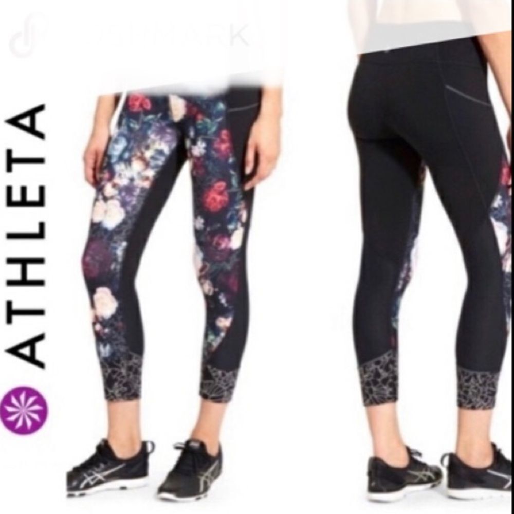 Athleta red and pink floral print cropped leggings tights